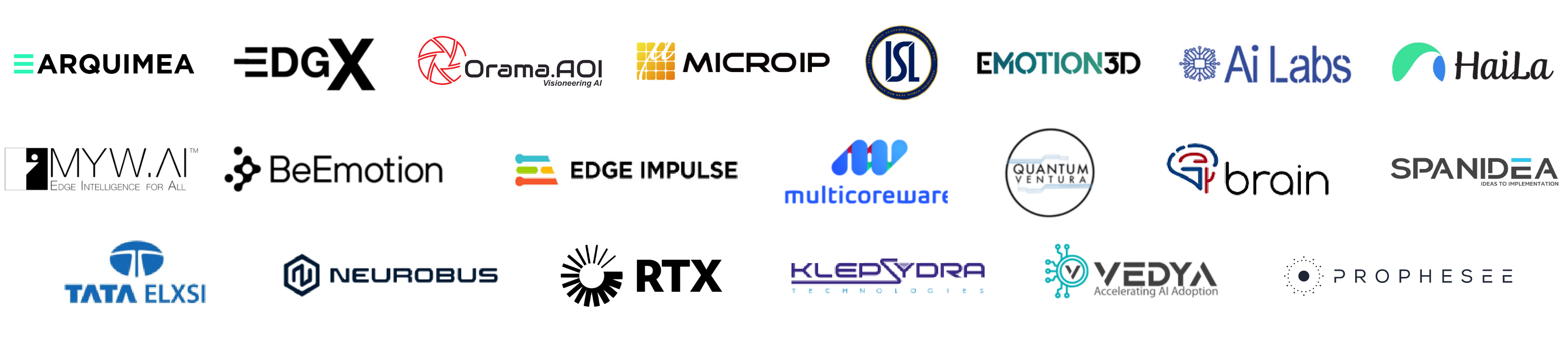 Enablement partners: Arquimea (space and defense technology collaborator); EDGX (AI-based data processing for space applications); Orama.AOI (AI-fueled visual defect detection); MicroIP (edge AI hardware and software ecosystem partnership); Information Systems Laboratories/ISL (AI-based radar research using Akida AKD1000); Emotion3D (driver safety and in-cabin experience AI); Ai Labs (next-generation edge AI application development); HaiLa (ultra-low-power edge AI connectivity for IoT sensors); MYW.AI (edge AI solutions for industrial robotics); BeEmotion (AKD1500-optimized AI models via NVISO); Edge Impulse (machine learning tools integrated with Akida); MulticoreWare (AKD1500-optimized ML models); Quantum Ventura (powers the CyberNeuro-RT cyberthreat intelligence tool); Spanidea (firmware partner in the AKD1500 ecosystem); Tata Elxsi (ultra-low-power AI for healthcare and industrial automation); Neurobus (space-focused neuromorphic computing); RTX/Raytheon (AFRL Neuromorphic Radar project partnership); Klepsydra (heterogeneous AI runtime for Akida processors); Vedya (Edge AI Box partner ecosystem); Prophesee (event-based vision sensor integration for gesture recognition).